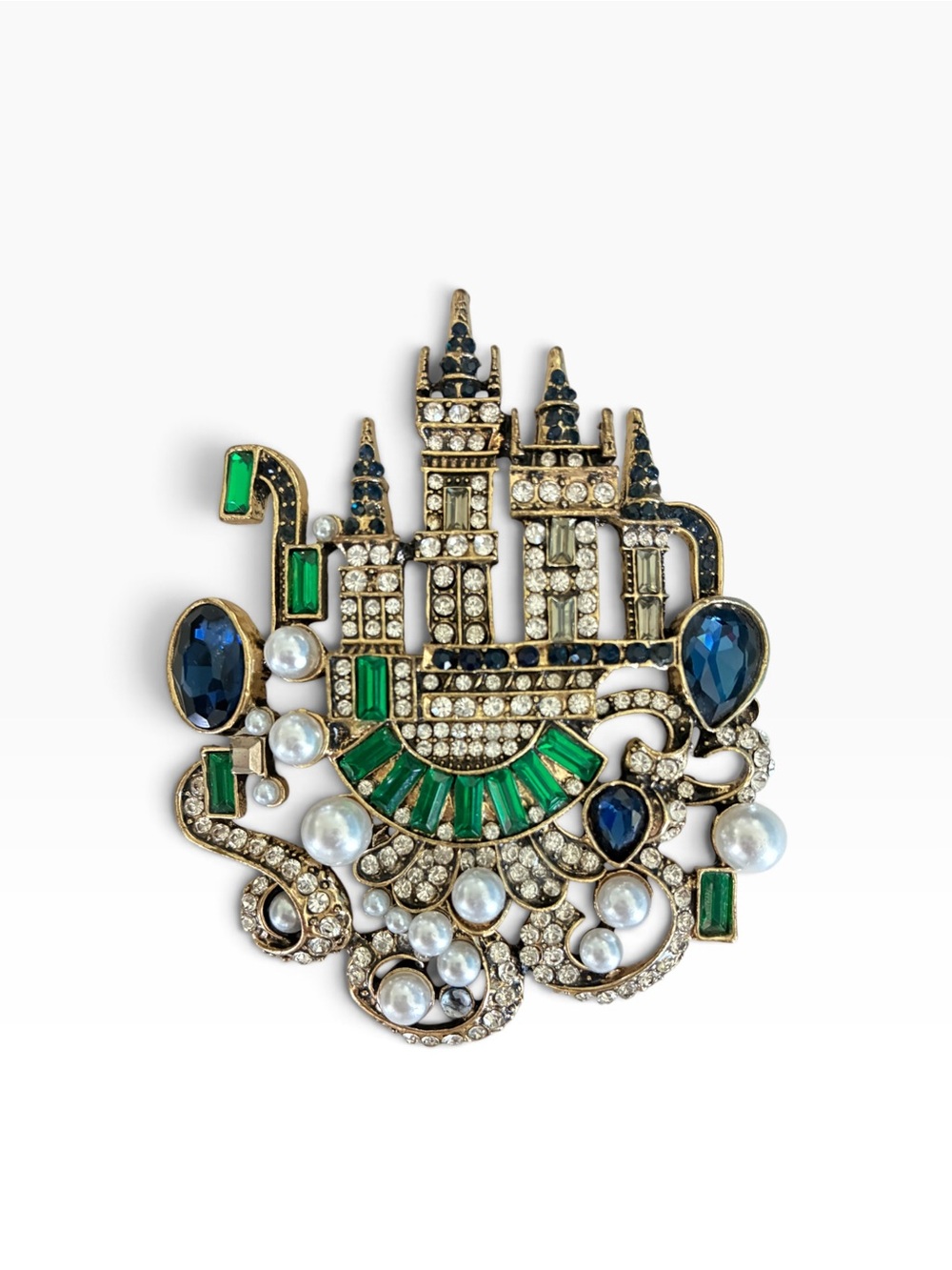Vintage-Inspired Green and Blue Crystal Castle Brooch